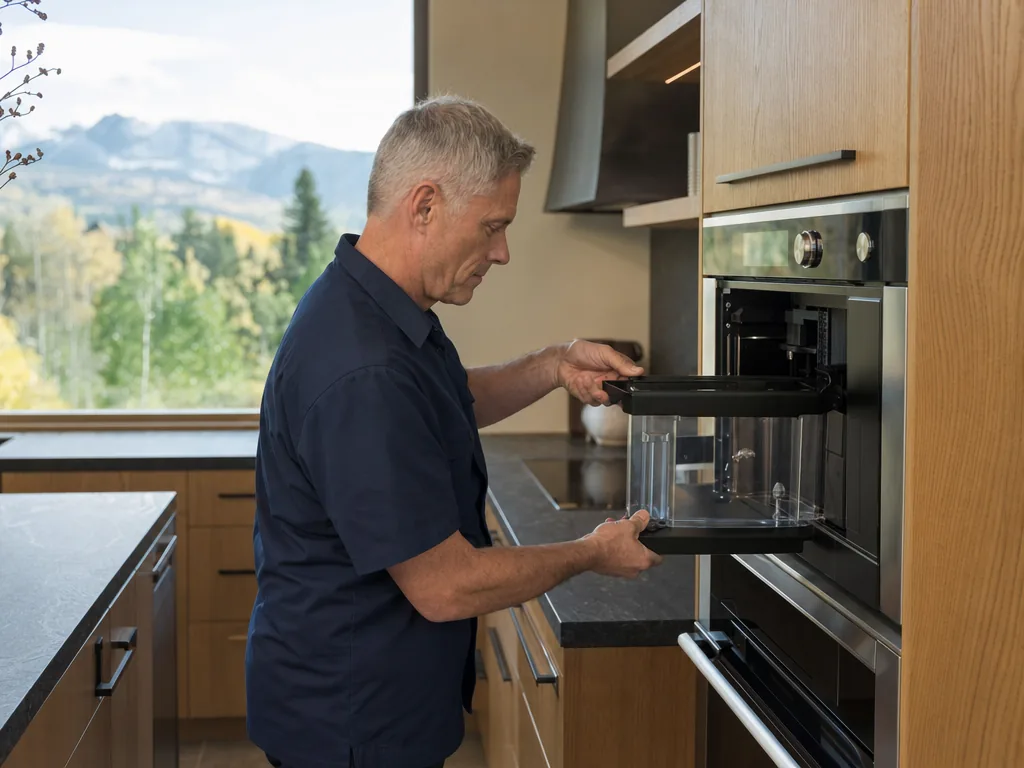 Technician repairing a built-in steam oven in a Denver kitchen