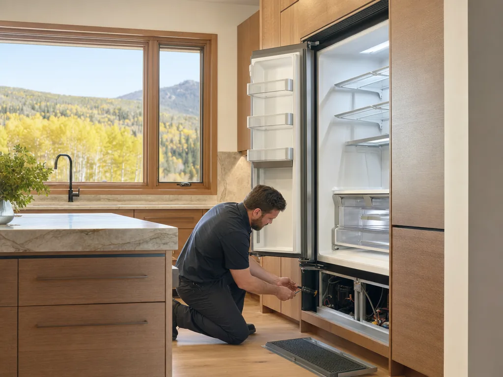 Technician servicing a Sub-Zero appliance in a Denver home