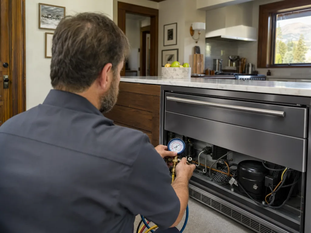 Technician servicing an U-Line appliance in a Denver home