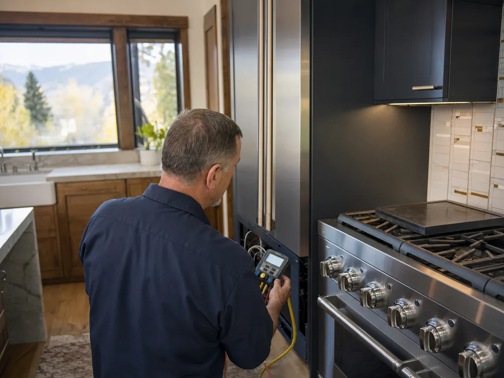 Technician servicing a Viking appliance in a Denver home