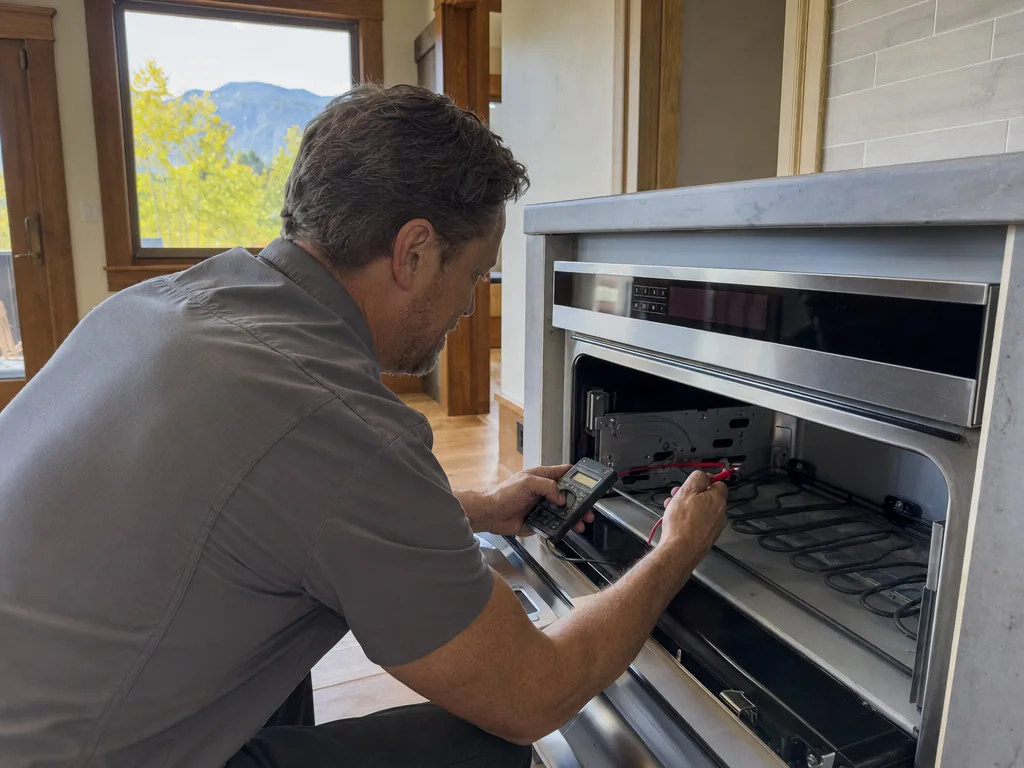 Technician repairing a built-in warming drawer in a Denver kitchen
