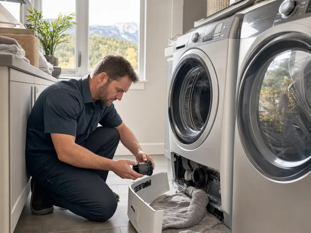 Technician repairing a washer in a Denver laundry room