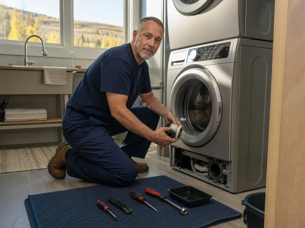 Washer opened for repair in a Denver laundry room