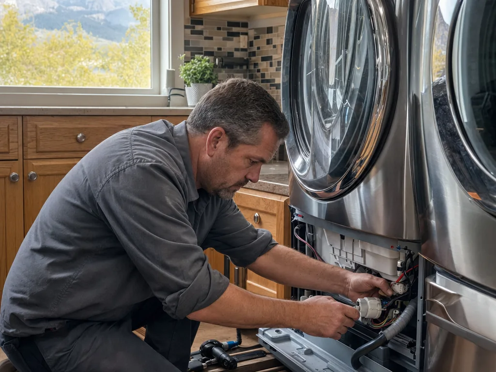Technician servicing a Whirlpool appliance in a Denver home
