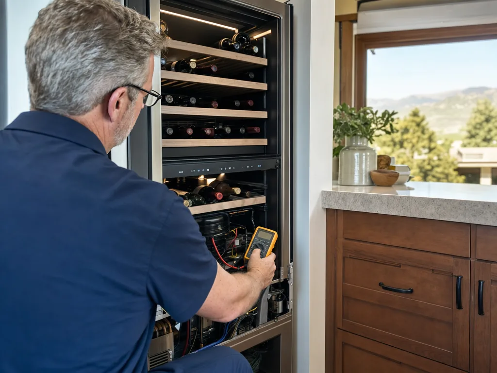 Technician repairing a built-in wine cooler in a Denver kitchen