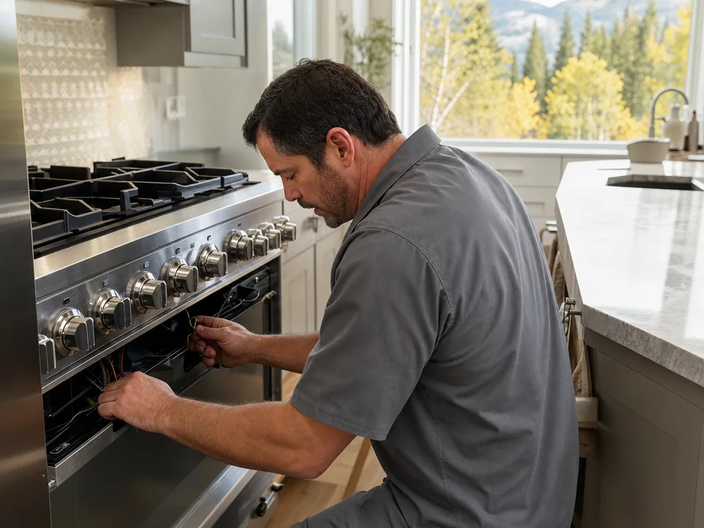 Technician servicing a Wolf appliance in a Denver home